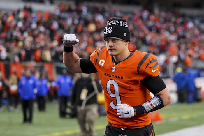 Jan 2, 2022; Cincinnati, Ohio, USA; Cincinnati Bengals quarterback Joe Burrow (9) walks off the field after the game against the Kansas City Chiefs at Paul Brown Stadium. Mandatory Credit: Katie Stratman-USA TODAY Sports